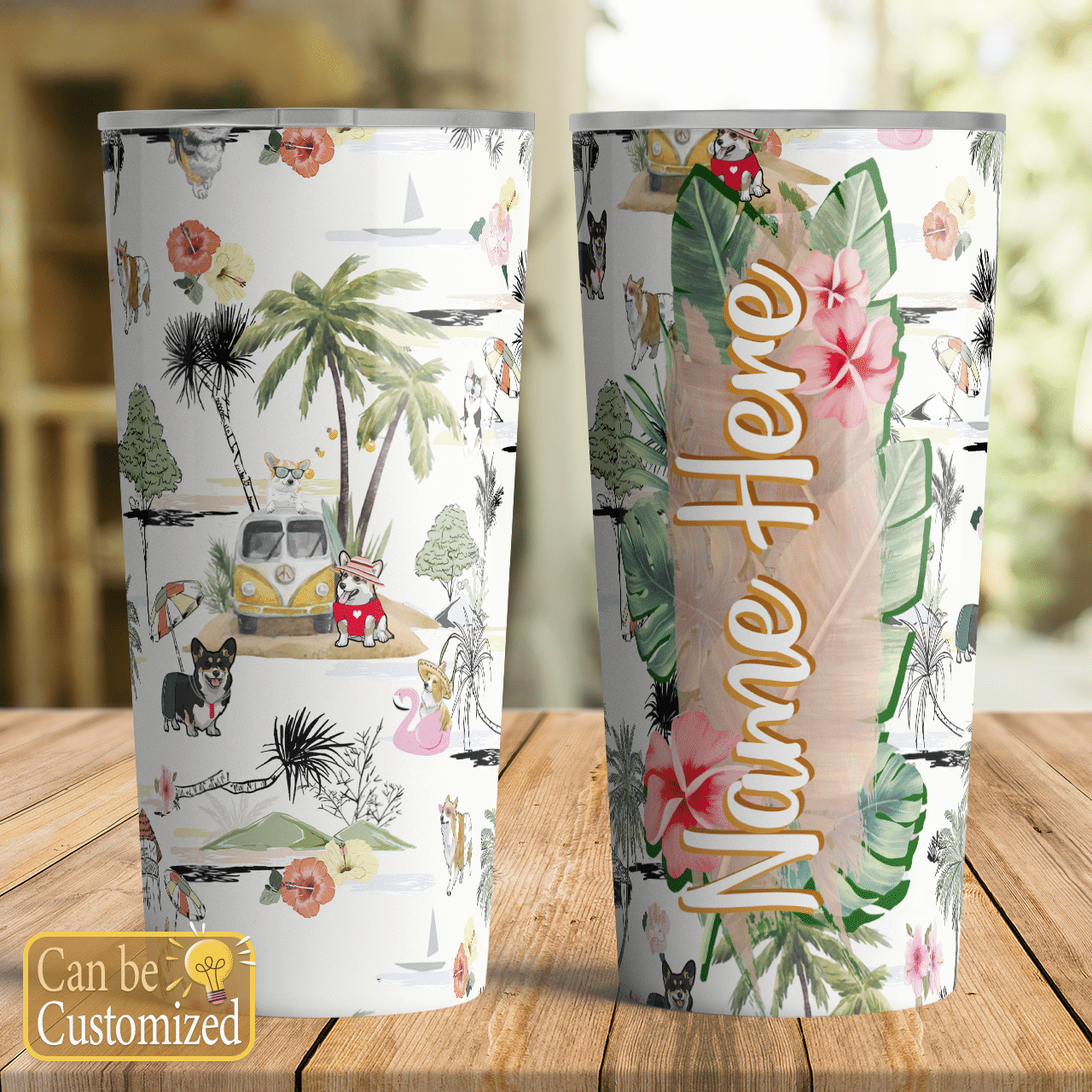 Corgi Custom Name Tumbler Hawaiian Beach Retro Ha43460