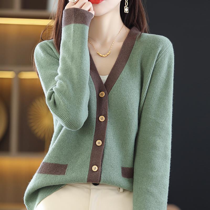 Spring Autumn Women’s V-Neck Knitted Coat Elegant All-match Retro Color Matching Long Sleeve Cardigan Sweaters Female Clothing alx