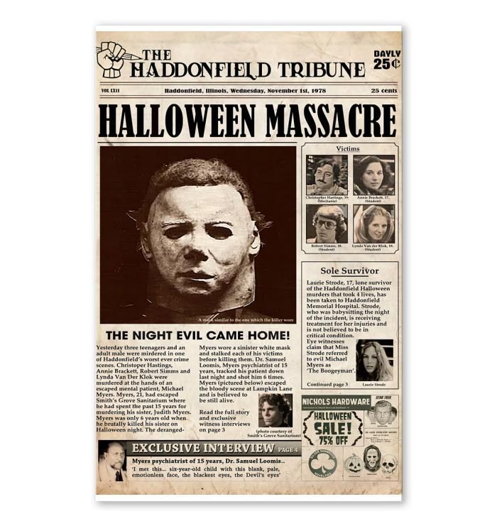 Halloween Masacre Newspaper Headline The Haddonfield Tribune Michael Myers Halloween poster canvas poster canvas