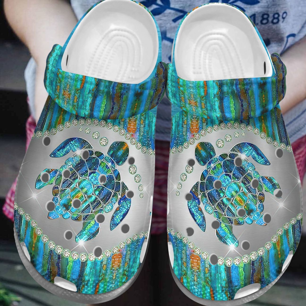 Turtle Sparkle Personalize Clog, Custom Name, Text, Fashion Style For Women, Men, Kid, Print 3D Whitesole