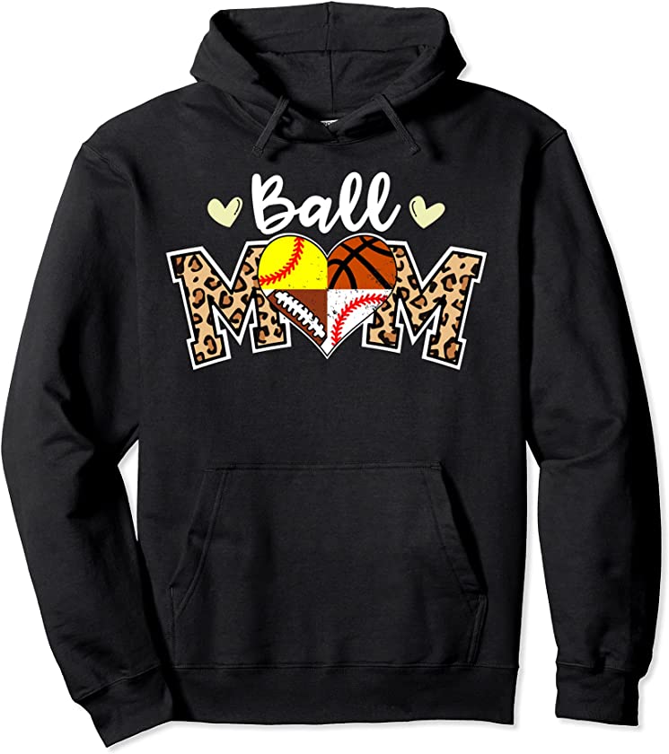 Ball Mom Leopard Football Baseball Softball Basketball Pullover Hoodie