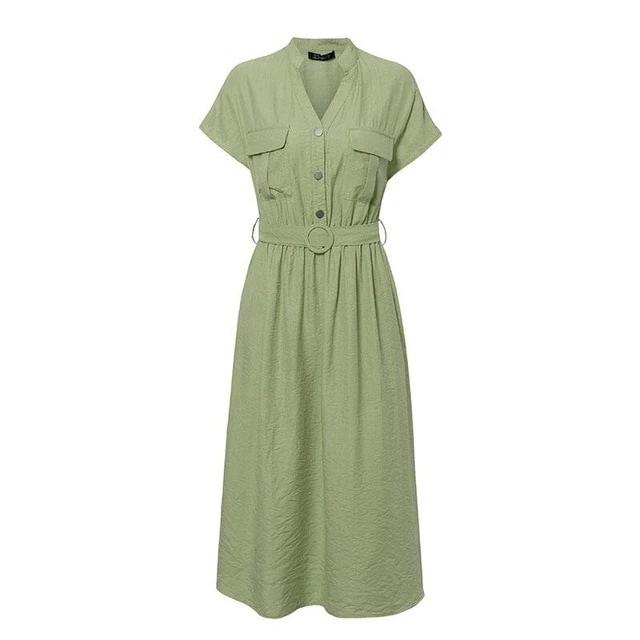 V-Neck Solid Vintage Elegant Button Belt Midi Summer Dress