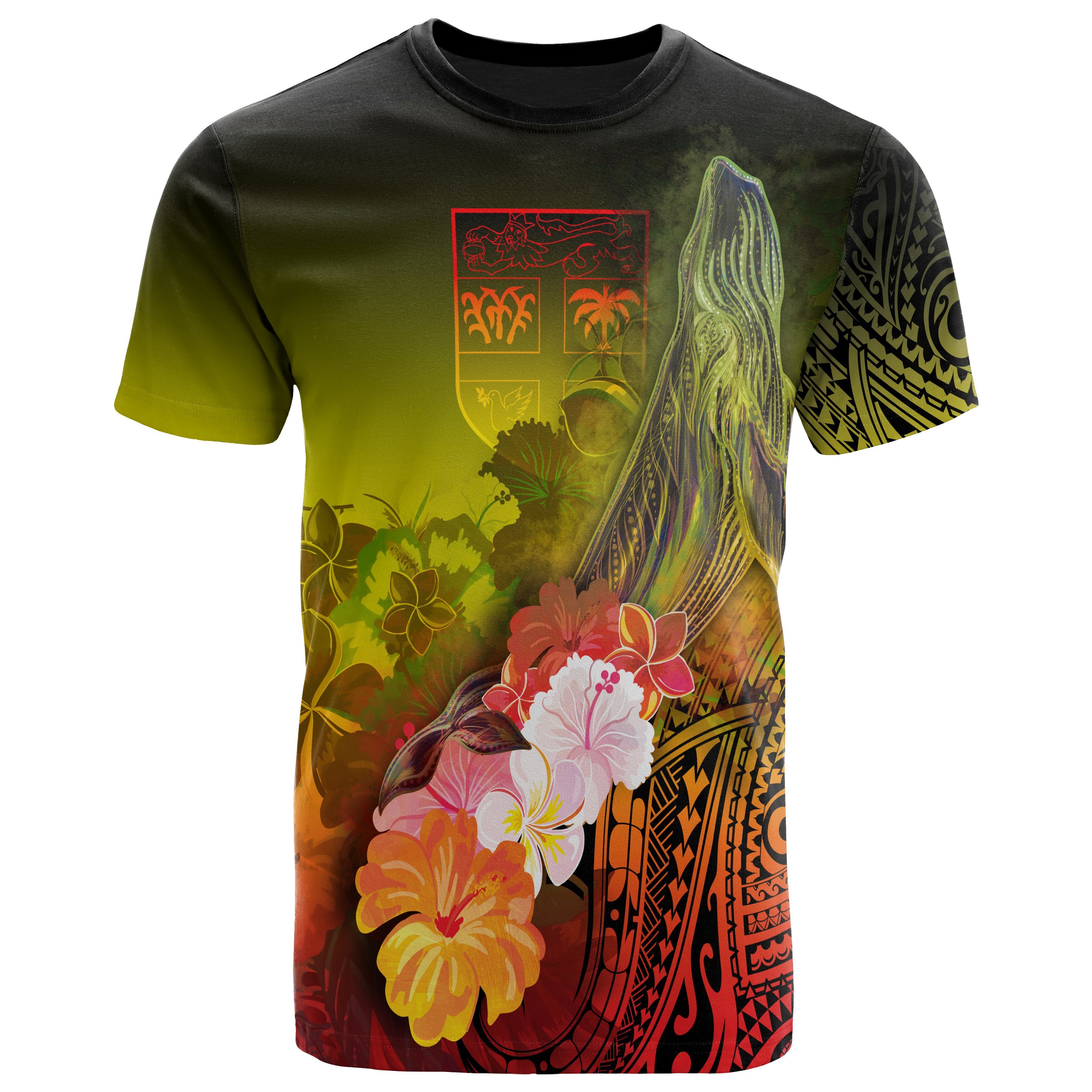 FIJI T-Shirts – Humpback Whale with Tropical Flowers (Yellow)- BN18