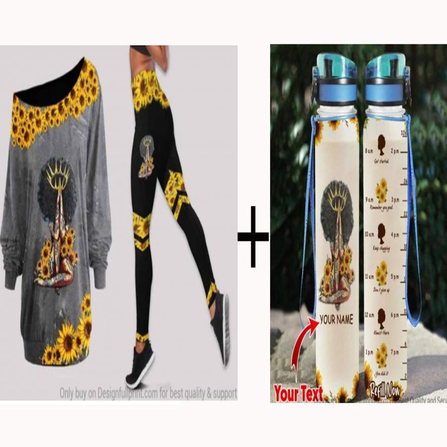 Combo Sunflowers Black Queen Off Shoulder Long Sleeves Top and Leggings Set and Black Queen Sunflower Water Track Bottle LN