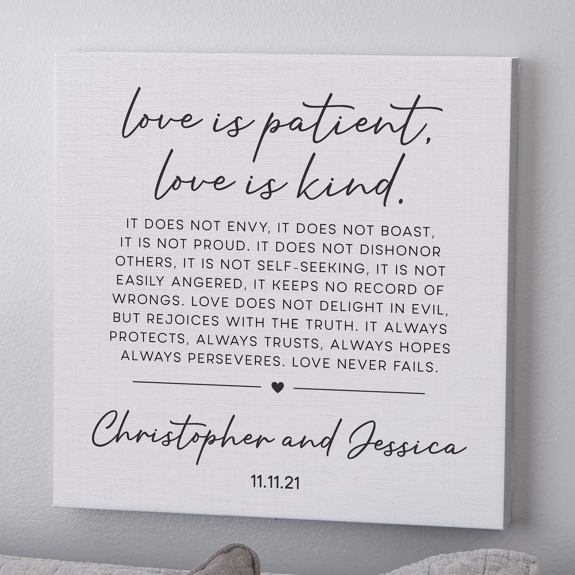 [Personalized Name & Date] Love Is Patient, Love Is Kind – Perfect Gift Anniversary, Gift For Couple, Gift For Home Decor, Best Idea Gift – Matte Canvas, Wall Art, Canvas Prints