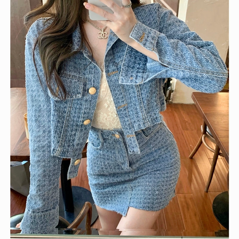 2022 Spring New Female Skirt Wear Suit Casual European And American Fashion Denim Jacket And Irregular Skirt Two-Piece Set alx