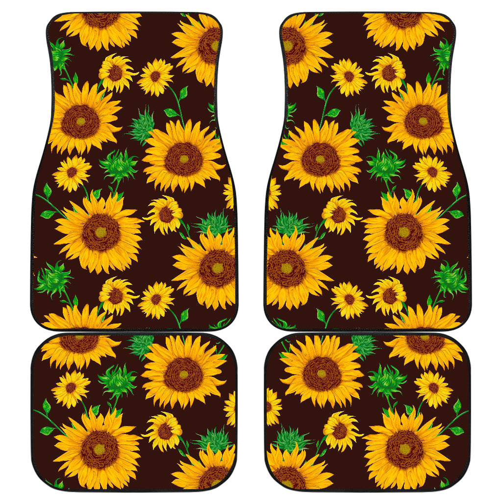 Brown Sunflower Pattern Print Front And Back Car Floor Mats, Front Car Mat