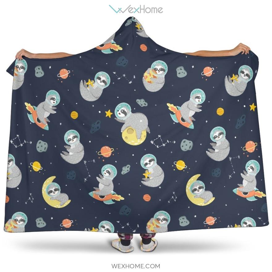 Cute Sloth Astronaut Star Planet Rocket Pattern Hooded Blanket