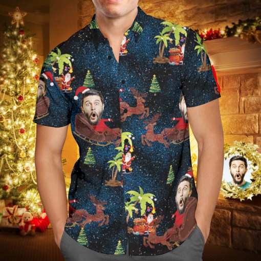 Custom Face Personalized Photo Personalized Christmas Hawaiian Shirt Reindeer Pulling A Sleigh Christmas Gift 5718