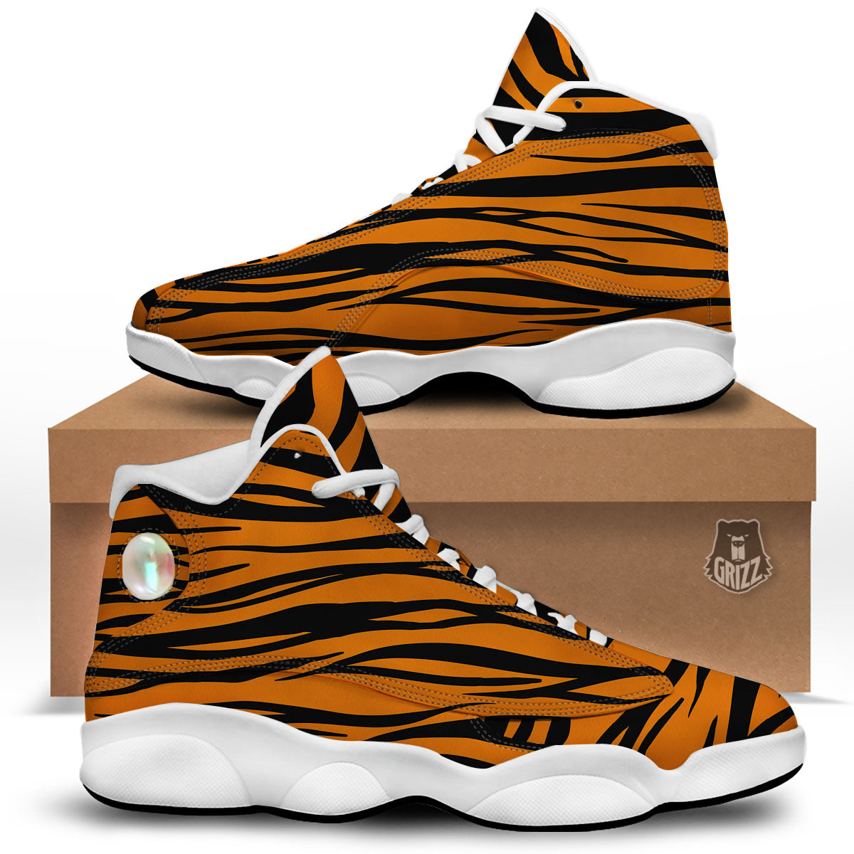 Tiger Stripe Black And Orange Print White Basketball Shoes