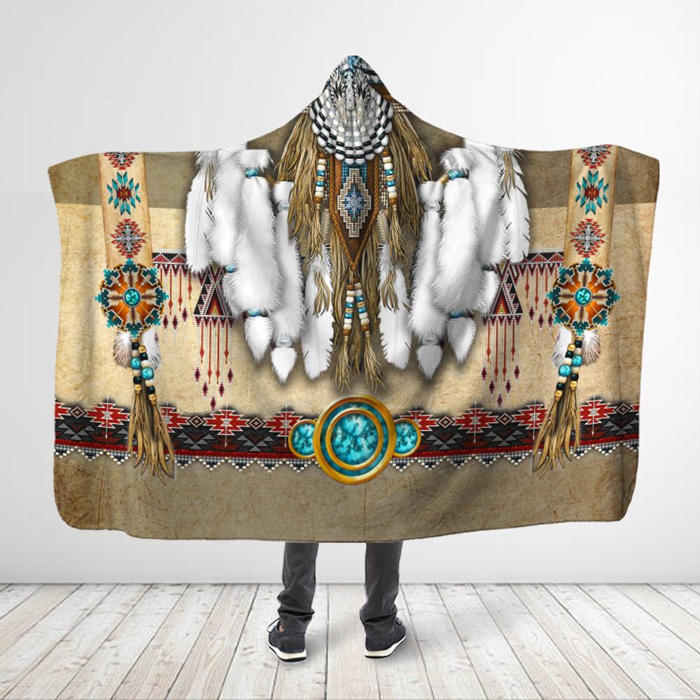 Aborigine Style 3D All Over Printed White Feathers Hooded Blanket