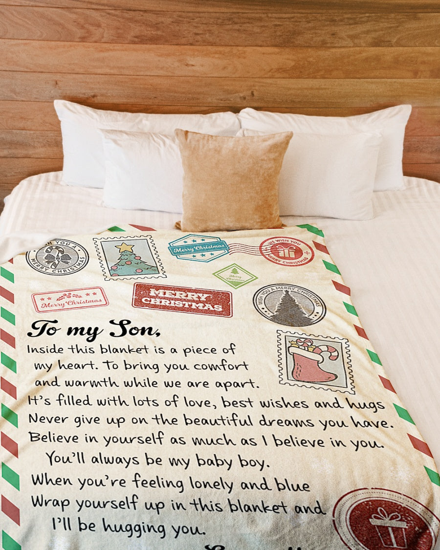 To My Son I’Ll Be Hugging You Merry Christmas Blanket Gift For Son From Mom Birthday Gift Home Decor Bedding Couch Sofa Soft And Comfy Cozy