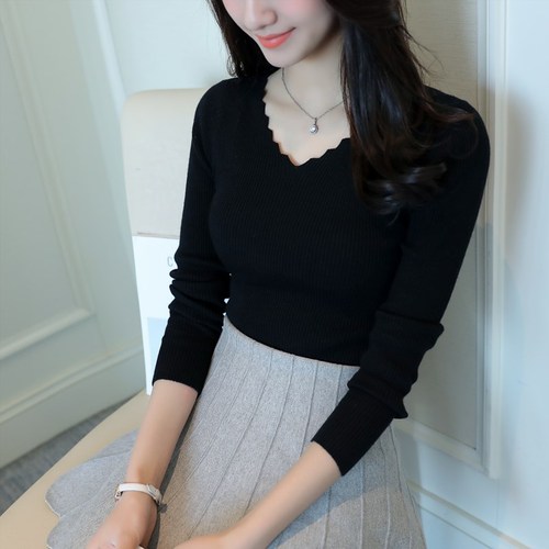 2022 Autumn Long Sleeve Sweater Women Winter Pullovers Solid Black White Knitted Sweater Tops Wave Cut V-neck Basic Office 7809 alx