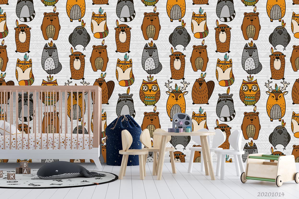 3D Cartoon Cute Animal Owl Bear Fox Pattern Wall Mural Wallpaper Wj 5033