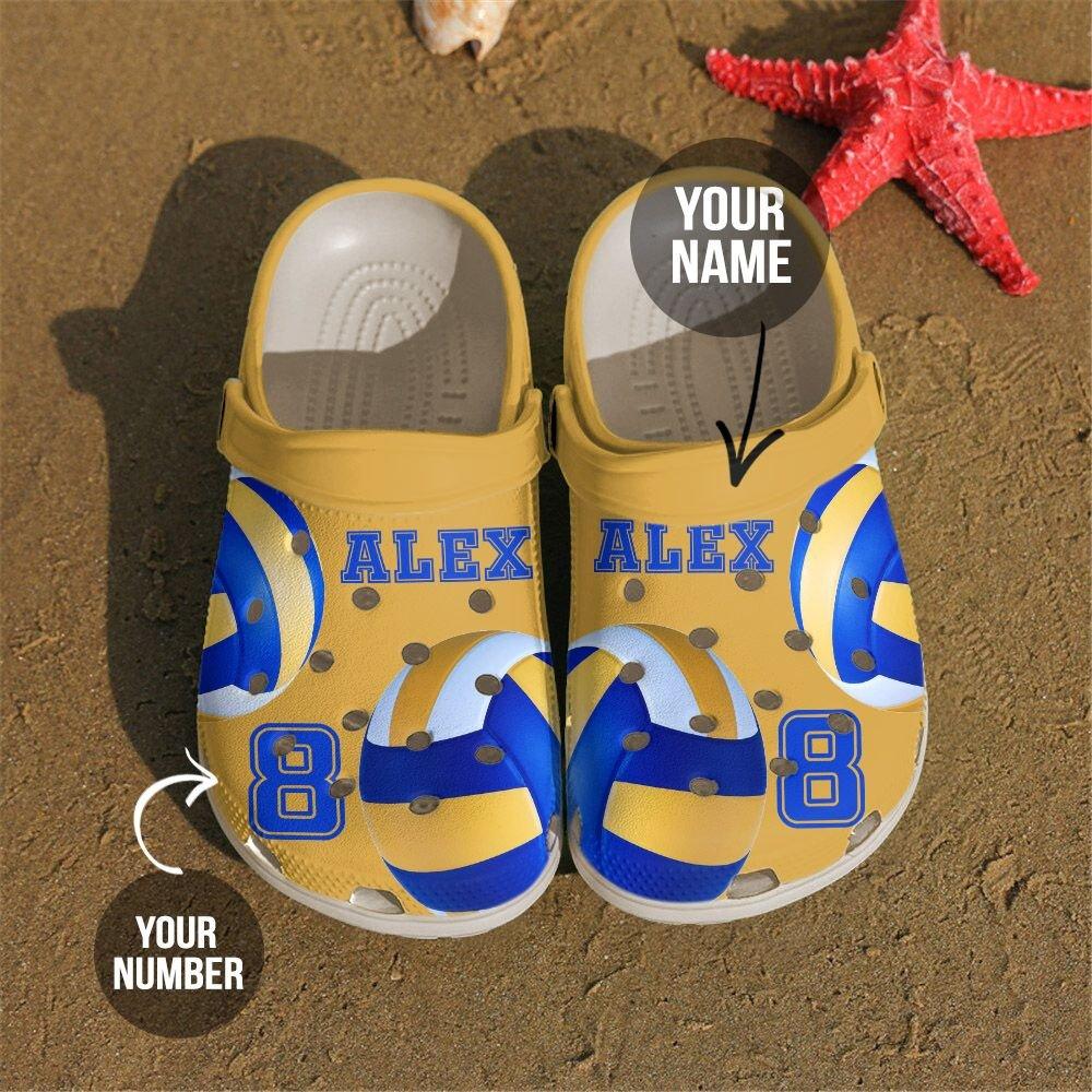 Volleyball Personalized Clog, Custom Name, Text, Color, Number Fashion Style For Women, Men, Kid, Print 3D Yellow & Blue