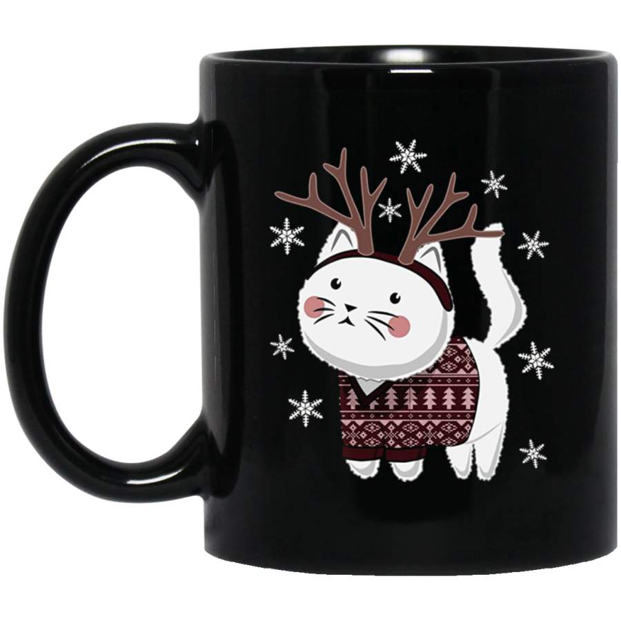 Ugly Christmas Sweater Cat Deer Antlers Headband Mug 11 oz 15 oz Black Mug