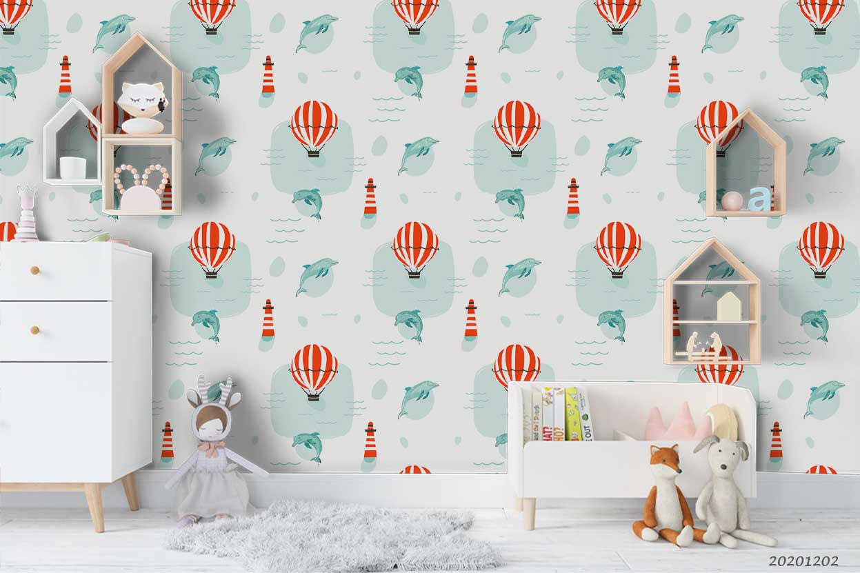 3D Cartoon Hand Drawn Ocean Dolphin Hot Air Balloon Lighthouse Pattern Wall Mural Wallpaper Lxl