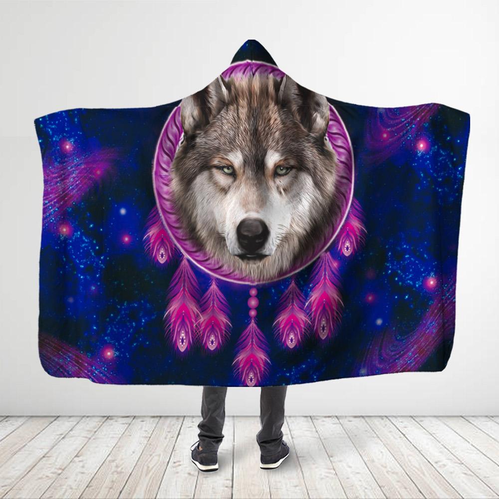 ViticStore™ 3D All Over Printed Gray Wolf Dreamcatcher – Galaxy Purple Hooded Blanket