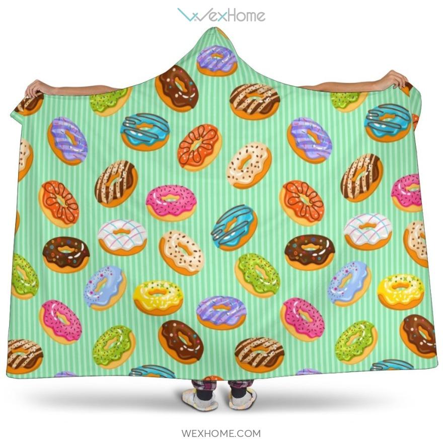 Colorful Donut Pattern Green Background Hooded Blanket