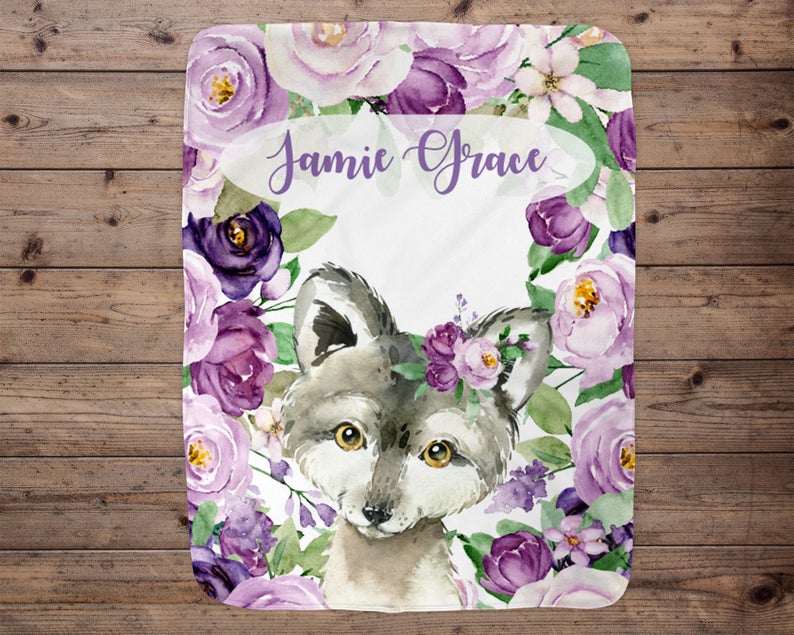 Wolf Personalized Baby Girl Blanket, Baby Blanket, Name Baby Blanket, Baby Girl Gift, Floral Baby, Wolf Blanket, Blanket Girl