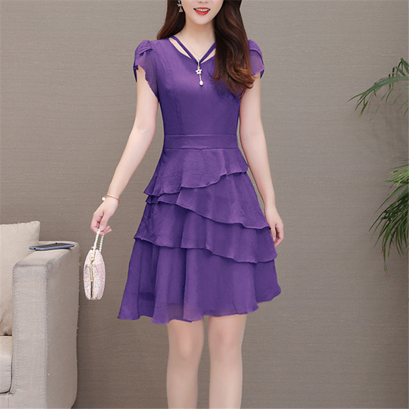 2022 Summer Chiffon Dress Women V-Neck Solid Short Dresses Sweet Ruffle Sleeeve Slim New Casual layered Women Dress Plus Size alx