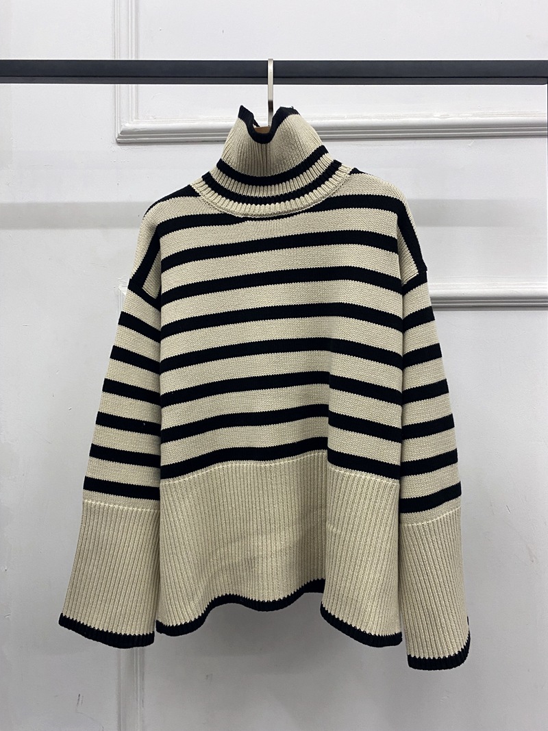 Turtleneck Stripes Women’s Sweaters Hem Slit Wool Blend Ladies Long Sleeve Loose Retro Knitwear Female Jumper Autumn Winter 2021 alx