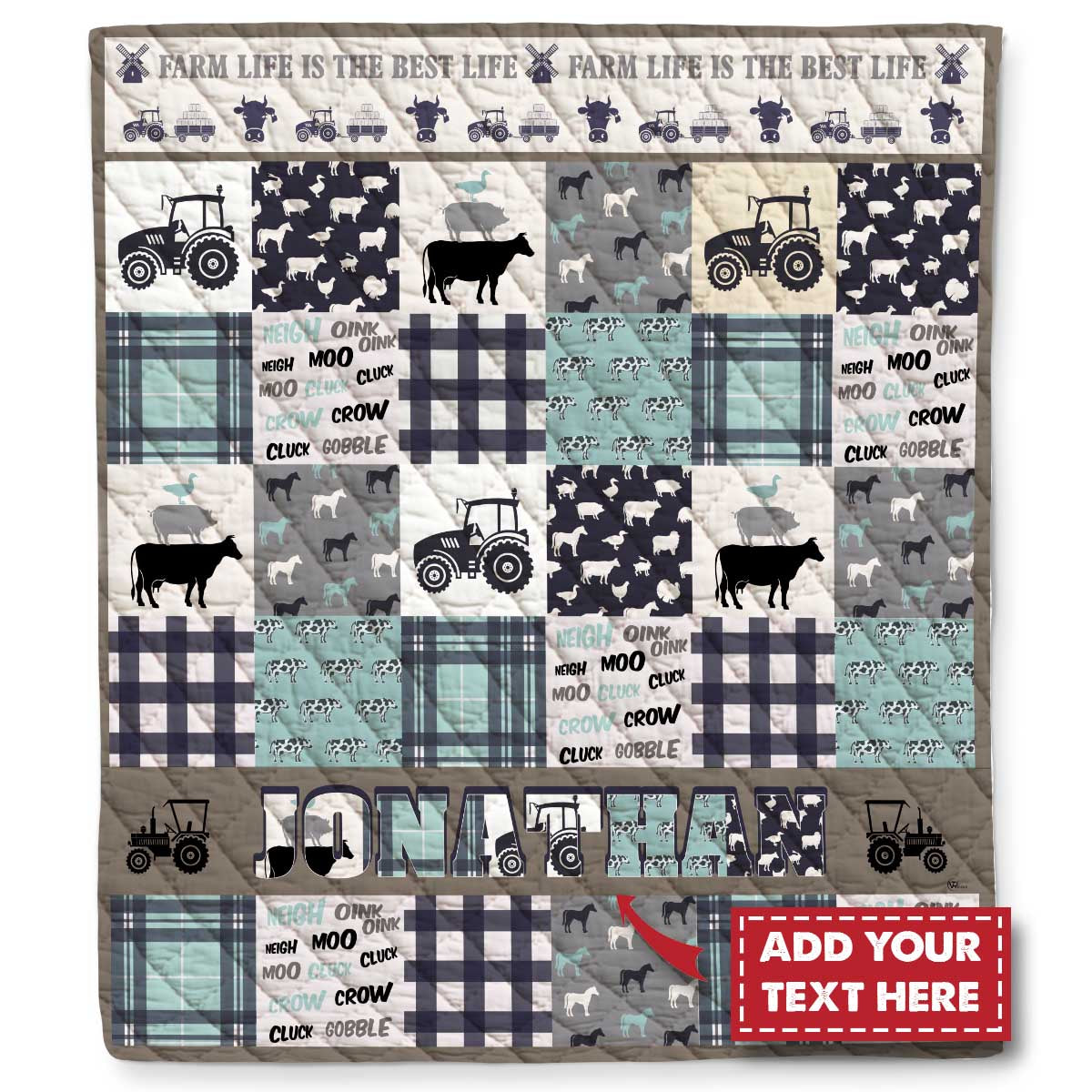 Personalized Custom Name Farm Life Farming Animals Buffalo Plaid Quilt Blanket