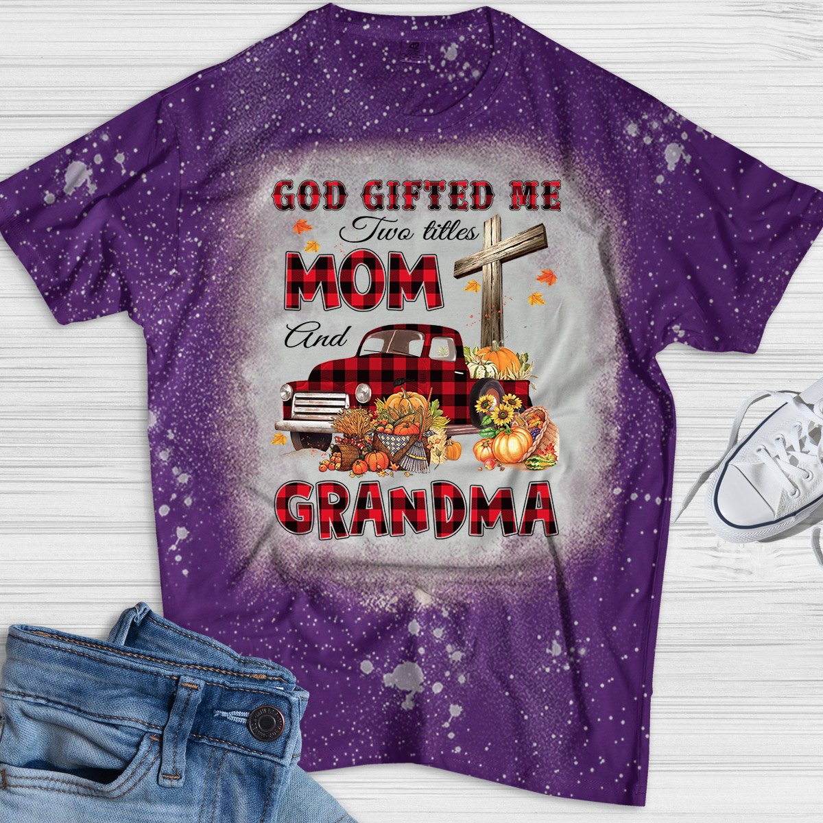 God Gifted Me Two Titles Mom And Grandma Autumn Truck Bleach Shirt, Funny Grandma Nana Autumn Bleach Shirt, Custom Grandma Name Bleach Shirt