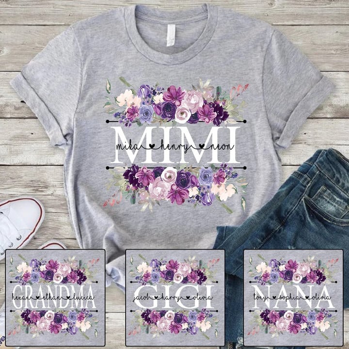 Personalized Mimi Purple Plum Flower And Grandkids T Shirt, Mimi Nana Gigi Shirt