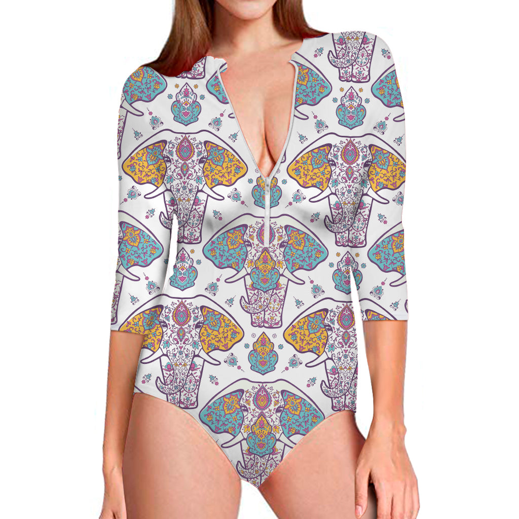 Indian Flower Elephant Pattern Print Long Sleeve One Piece Swimsuit