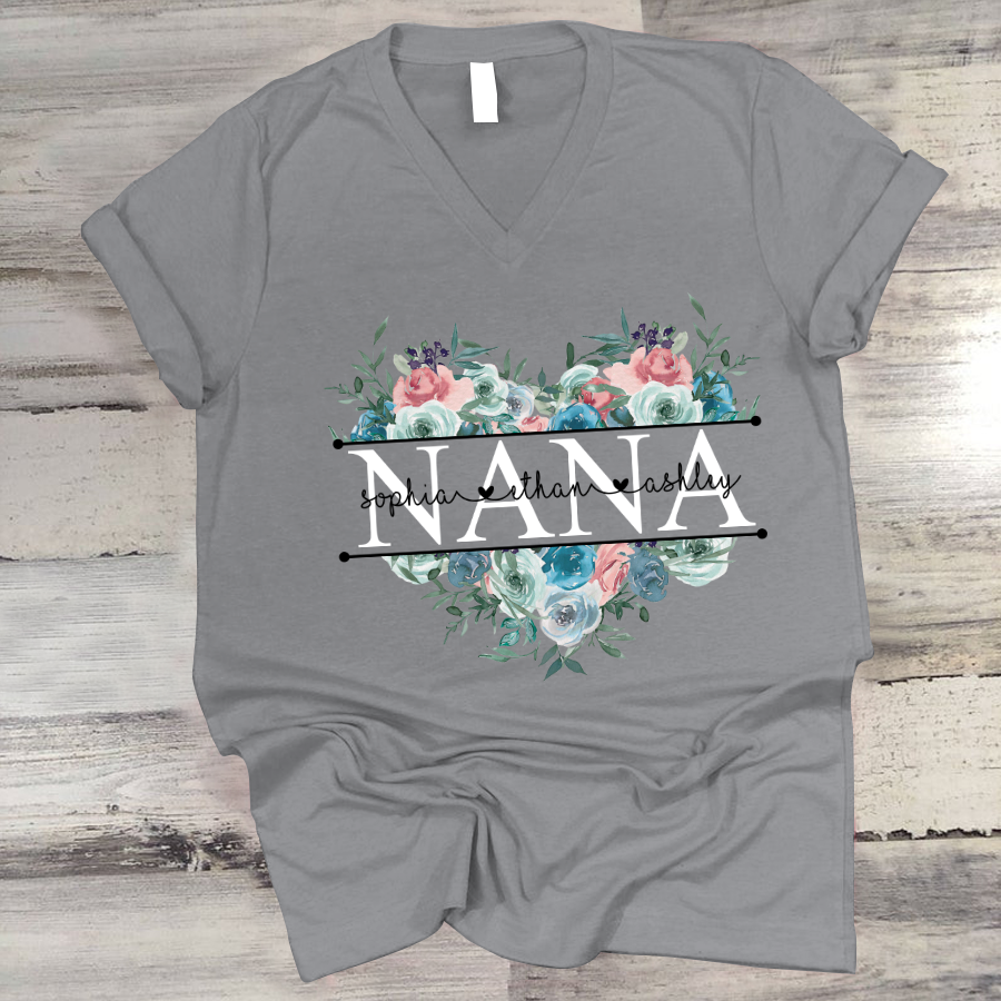 Pestel Peony Rose Nana And Grandkids V-Neck