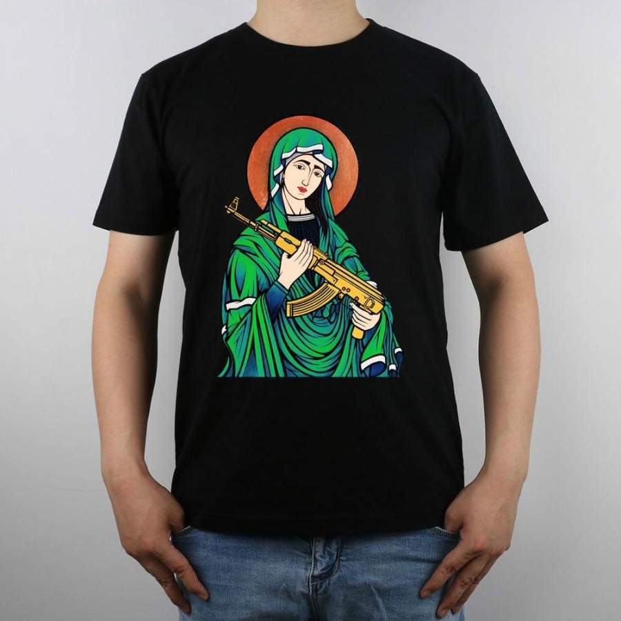 Mens Blessed Virgin Mary Madonna Kalashnikov Gun T-shirt Top Pure Cotton T Shirt