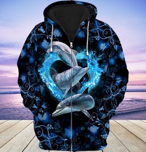 Dolphins Heart 3D Full Print Zipper Hoodie