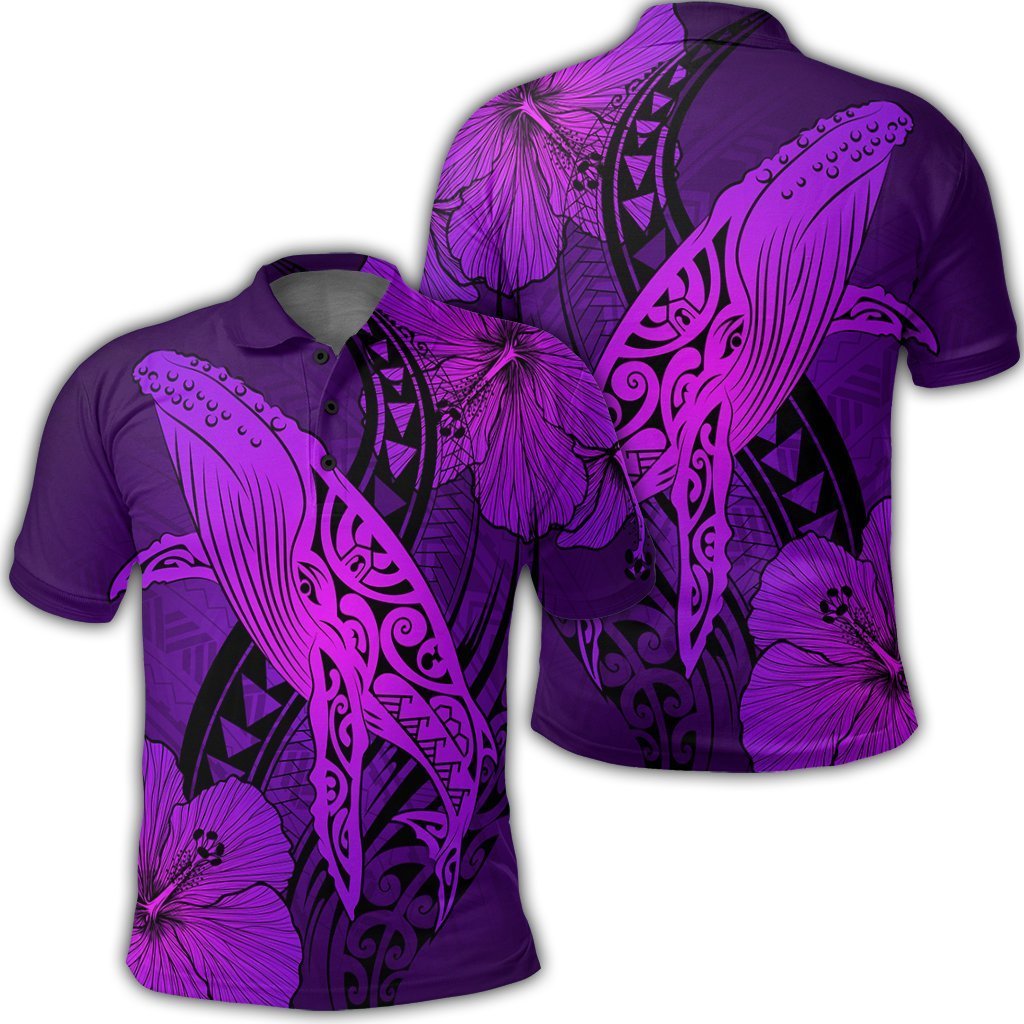 Hawaiian Map Whale Swim Hibiscus Polynesian Polo Shirt – Purple