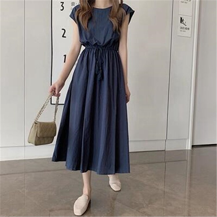 Summer Dress Women Cotton O Neck Elegant Shrink High Waist Short Sleeve Vintage Dresses Female Casual Party Chic Skirts alx