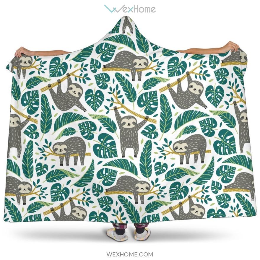 Cute Sloths Tropical Palm Leaves White Background Hooded Blanket