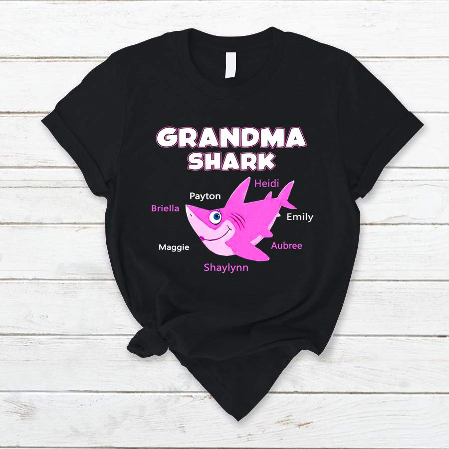 Personalized Grandma Shark Grandkids Names T-Shirt