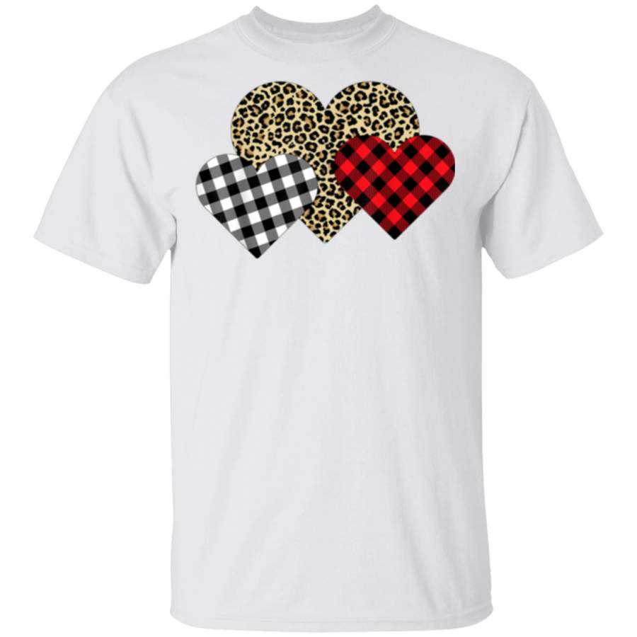 Funny Leopard And Buffalo Plaid Printed Love Heart Gifts T-Shirt