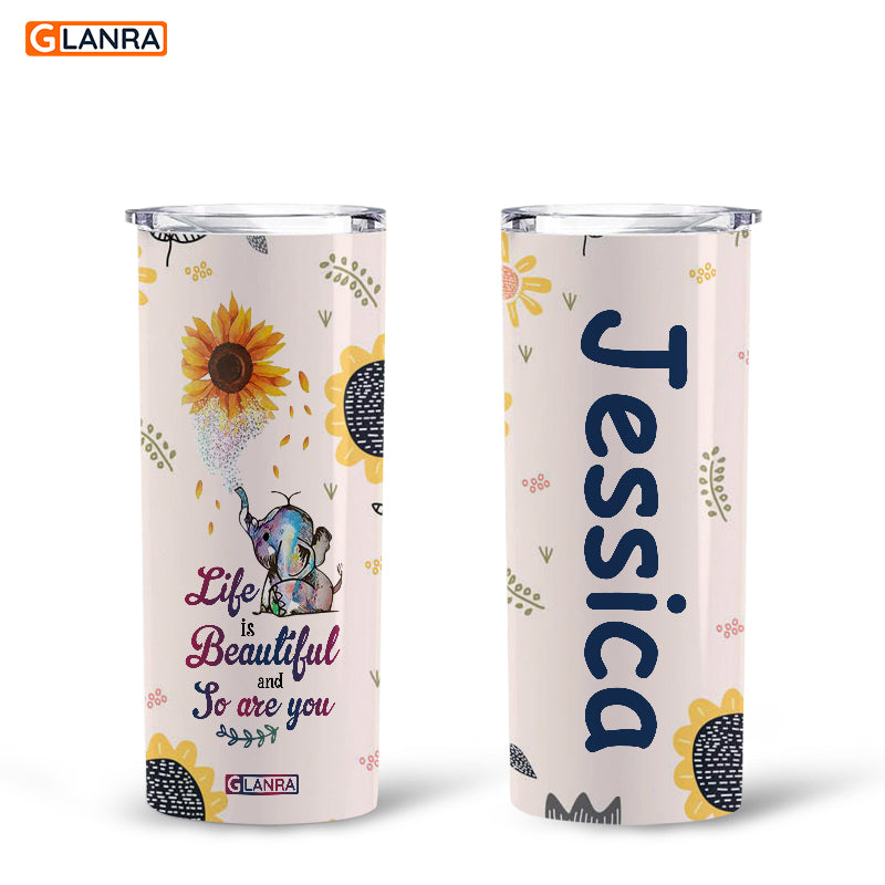 Personalized Life Is Beautiful Skinny Tumbler, Custom Cute Elephant Skinny Tumbler, Stainless Steel, Glitter, Water Bottle, Metal, Insulated, Tumbler