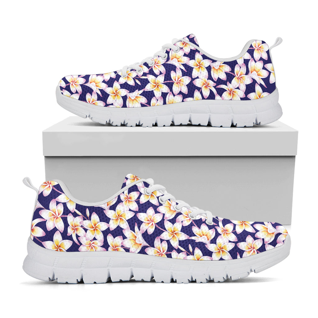 Watercolor Frangipani Flower Print White Sneakers