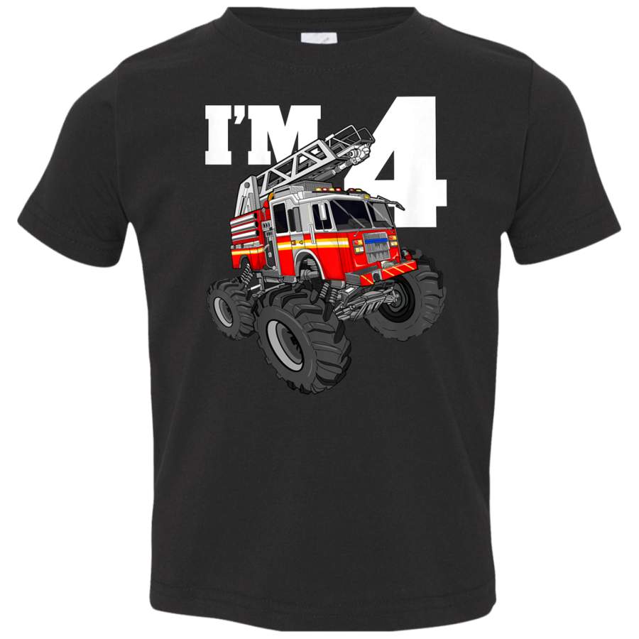 Kids Monster Fire Truck 4th Birthday Shirt Boy 4 Firefighter Gift TShirt 3321 Rabbit Skins Toddler Jersey T-Shirt