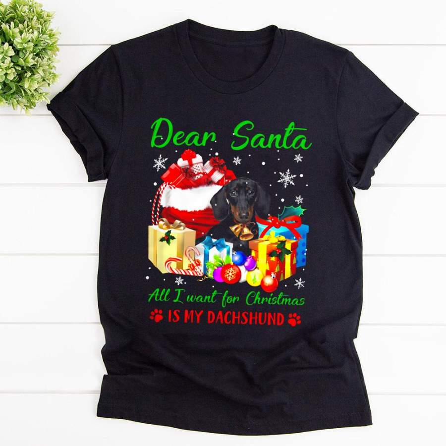 Dachshund all i want for christmas is my dachshund candy cane gift snow ornament black cotton t shirt for men and women S-6XL