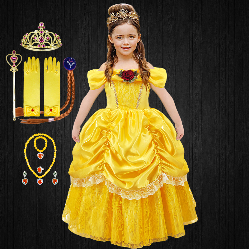 2022 New Beauty Girls Pleated Belle Princess Dress Halloween Children Rose Lace Flower Birthday Party Cosplay Carnival Costume alx