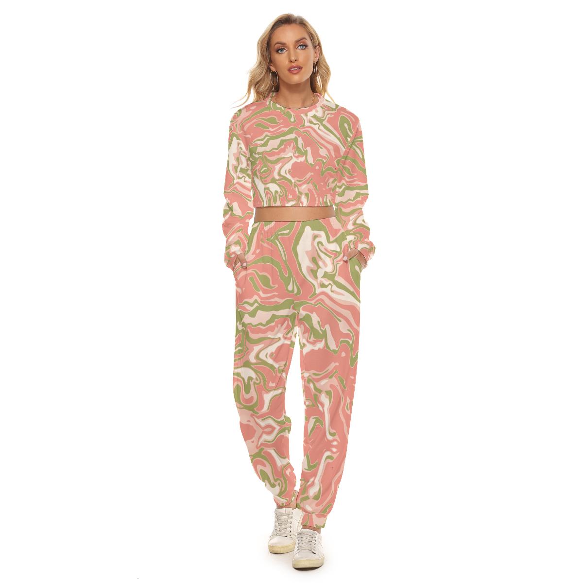 Coral Pink Camo Camouflage Print Abstract Liquid Women’S Crop Sweatshirt Suit