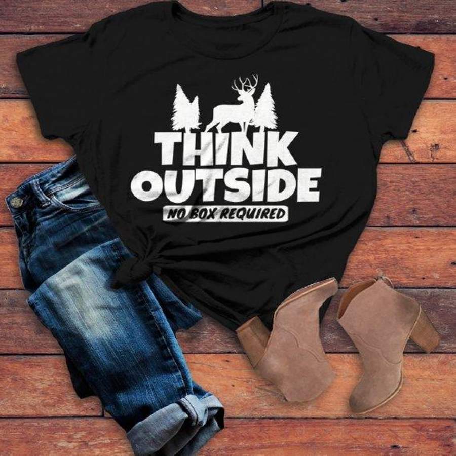 Women’s Think Outside T Shirt Funny Camping Shirts No Box Required Deer Tee Explore