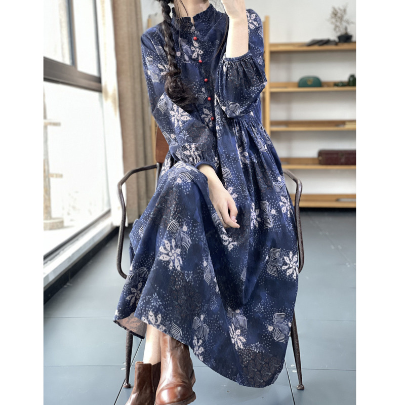 Vintage Long Sleeve Women Dress Autumn Spring Elegant Dresses Floral Printed Maxi Robe Female Clothing Chic Midi Vestidos Outfit alx