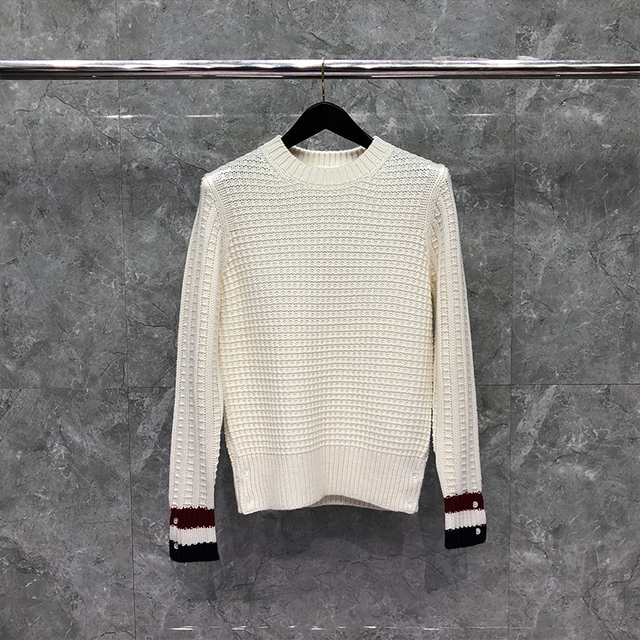 TB THOM Sweater Male Winter Fashion Brand Coats White Merino Wool RWB Cuffs Stitch Crew Neck Pullover Casual Harajuku Sweaters alx