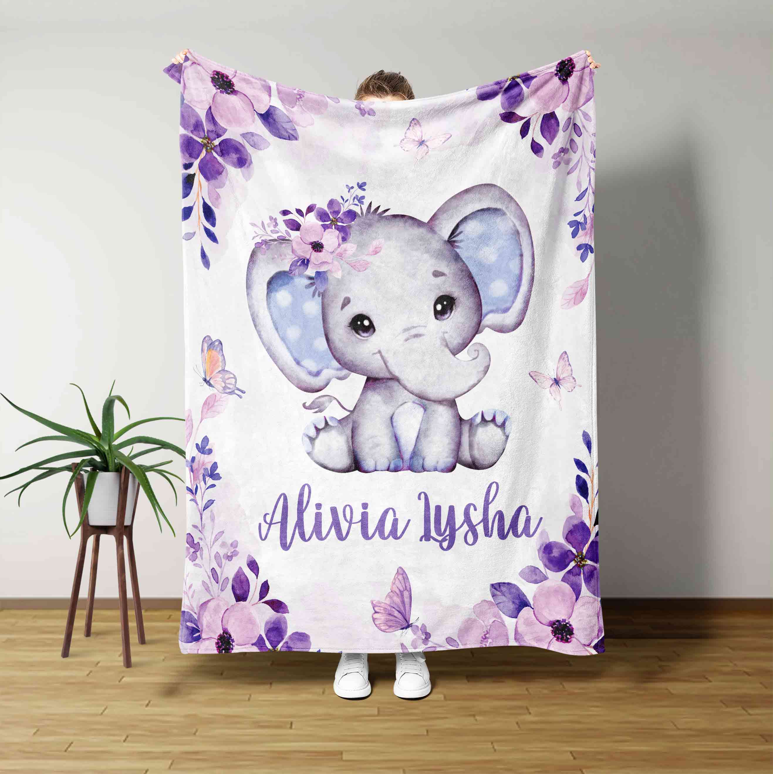 Personalized Name Blanket, Elephant Blanket, Flower Blanket, Custom Name Blanket, Blanket For Gift