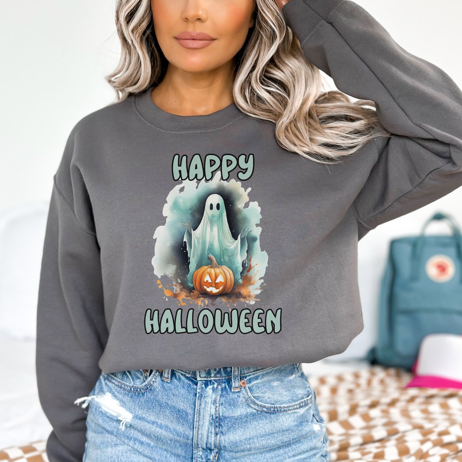 Retro Halloween Ghost 2D Crewneck Sweatshirt All Over Print Sweatshirt For Women Sweatshirt For Men