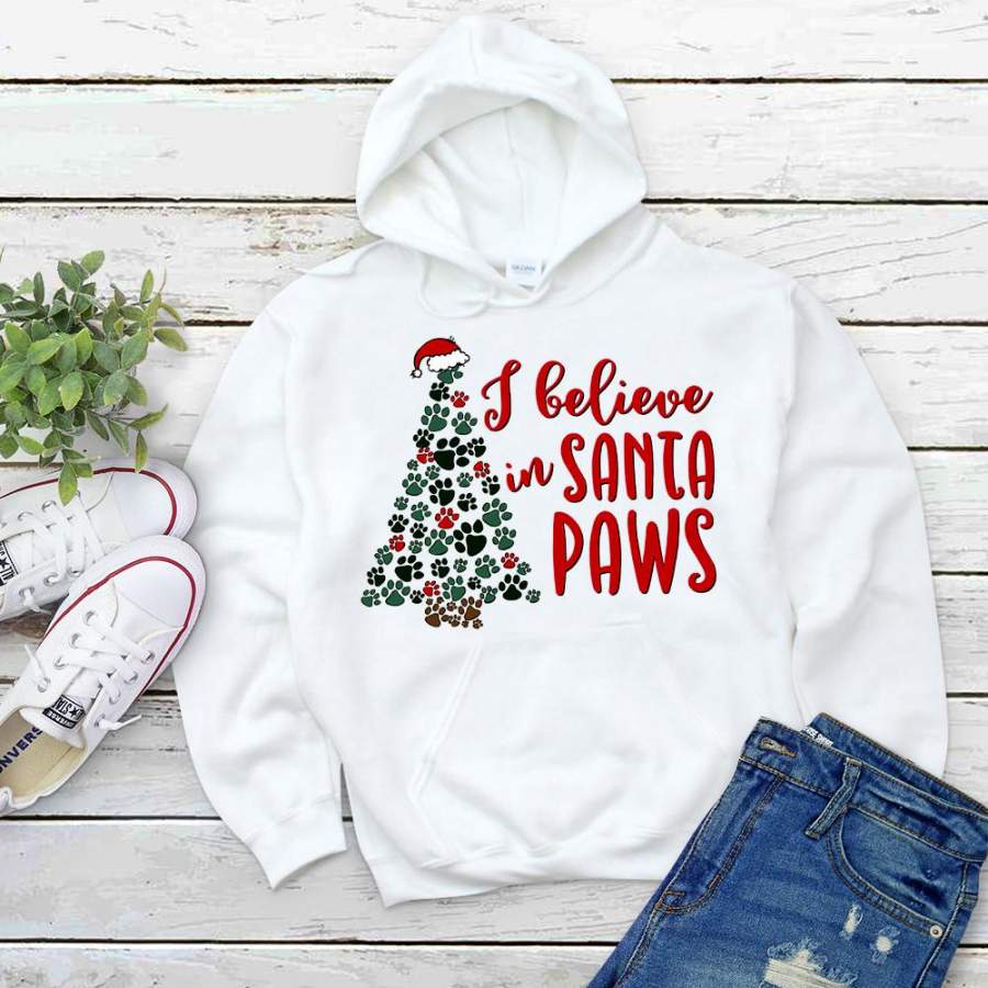 Paw print christmas tree believe in santa paws santa hat white hoodie for men and women S-5XL